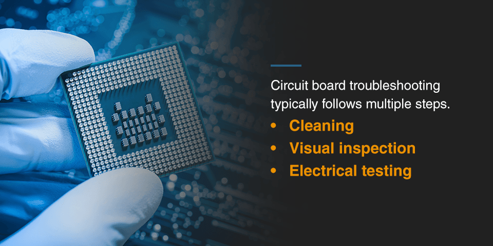 circuit board troubleshooting typically follows multiple steps- cleaning, visual inspection and electrical testing